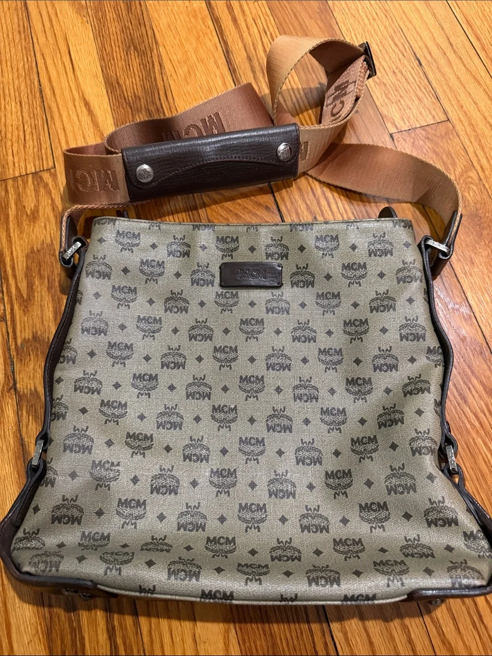 MCM Unisex Monogram Visetos Messenger Bag with Brown Trim